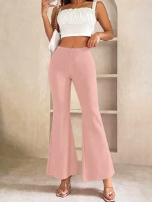 SHEIN PETITE 純色喇叭褲腿春季黑色長褲 - 粉色 - 查看 5