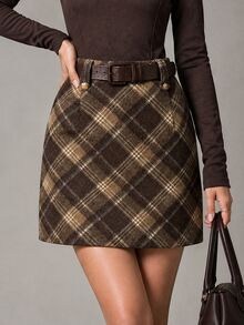 SHEIN Clasi French Style Premium Vintage Plaid Commuter Elegant Versatile Classic Women's Skirt - Multicolor - View 7