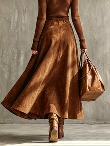 Glimmora Autumn/Winter Plus Size Women's Vintage Fashion Plus Size Flare Solid Color Pocket Skirt Fall - Burnt Orange - View 2