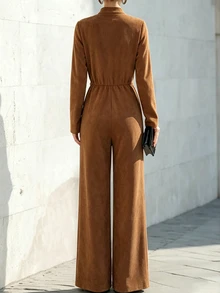 SHEIN New Chinese Style Frog Button Stand Collar Jumpsuit - Brown - View 2