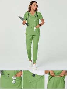 TaskEZ 女款護理師刷手服夏季藍色護理師制服兩件套 2口袋短袖上衣 鬆緊腰帶抽繩修身慢跑休閒長褲 - 綠色 - 查看 10