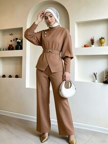 Celisse Women's Autumn/Winter Elegant Commute Metal Buckle Decor Shirt And Long Pants 2 Pieces Set - Camel - View 5