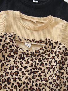 Genkimix Kids 3pcs Young Girl Crew Neck Ribbed Long Sleeve Tee, Solid & Leopard Print Basic Casual Top, Ruffle Cuff Soft Stretchy Young Girl Fall T-Shirt - Multicolor - View 3