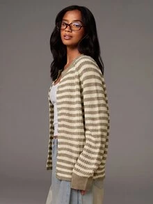 Athîral Women's Striped Raglan Long Sleeve Knit Thin Cardigan - Khaki - View 3
