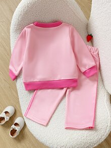 SHEIN Playful Pals 2件組幼女運動衫長褲套裝，可愛甜美粉色玫瑰狗狗刺繡，側條紋長袖圓領加厚派對秋季連身褲，節日羅紋飾邊 - 粉色 - 查看 3