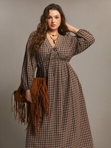 Freevana Plus Size Women's Autumn/Winter Plaid Long Sleeve Casual Elegant Dress - Brown - View 7
