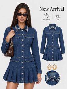 Sweetra Fashion Casual Young Lady Commuter Style Rivet Open Front Button-Up Denim Pleated Dress - Dark Wash - View 6