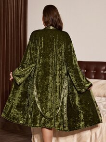 Slumberist Plus Size Gold Velvet Pajama Set, Women's Olive Green Camisole Nightgown And Robe Loungewear 2 Pieces Set - Army Green - View 2