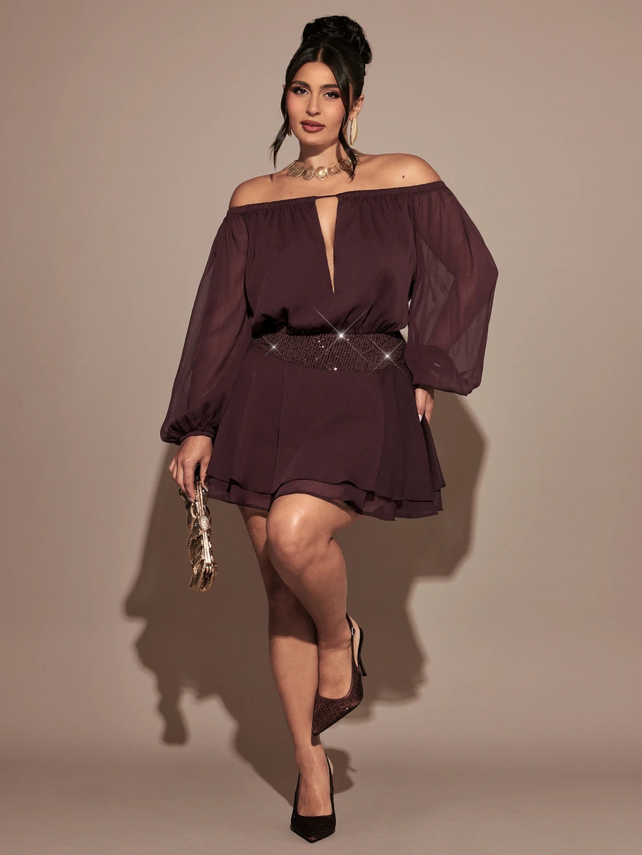 Gossip Girl X SHEIN SHEIN BAE CURVE Plus Size Women Solid Color Off-Shoulder Casual Everyday Summer Mini Dress,Red-Brown Mesh Off-Shoulder Deep V-Neck Lantern Long Sleeve Wide Waist - Coffee Brown - View 1