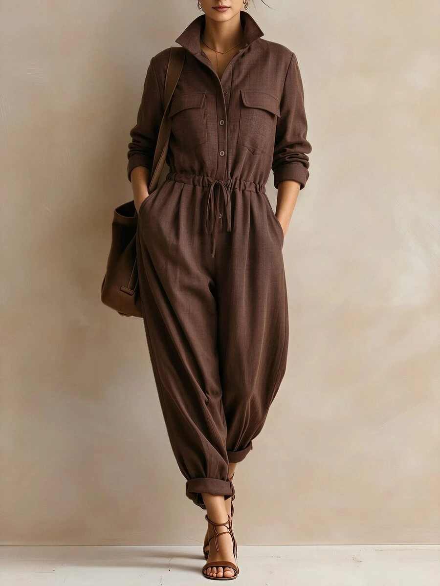 Trelyra Women's Brown Vintage Jumpsuit With Waist Cinched Design, Suitable For Outings, Commuting, Holidays, Autumn Wear - Brown - View 1