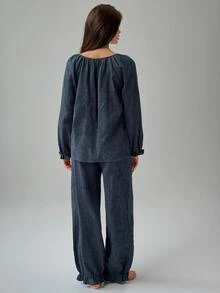Livesso Women's Bow Decor Raglan Long Sleeve Top And Pants Pajama Set - Navy Blue - View 2