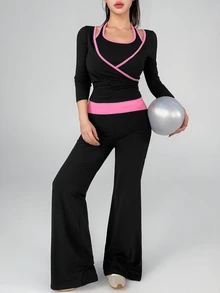 DAZY Women's Striped Colorblock Top And Pants Sports Set - Black - View 2
