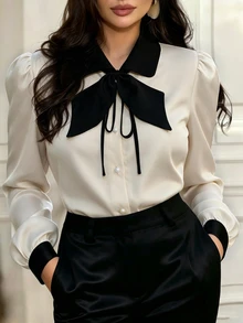 Cravure Plus Size Women's Autumn/Winter Contrast Collar Contrast Bowknot Tie-Up Elegant Commute Daily Blouse - Multicolor - View 1