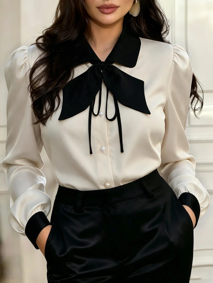 Cravure Plus Size Women's Autumn/Winter Contrast Collar Contrast Bowknot Tie-Up Elegant Commute Daily Blouse - Multicolor - View 1