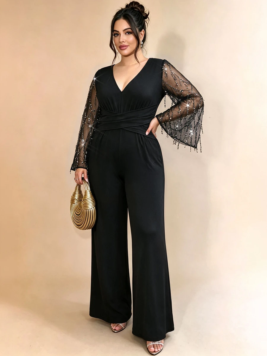 Cravure Plus Size Chic Cocktail Jumpsuit, Mesh Bell Long Sleeve Wrap Waist Sparkly Wide Leg Jumpsuit - Black - View 1