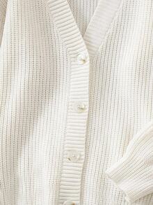 SHEIN Teen Girl Teen Girls Cardigans Autumn/Winter Casual Loose White Solid Color Ribbed V-Neck Open Front - White - View 4