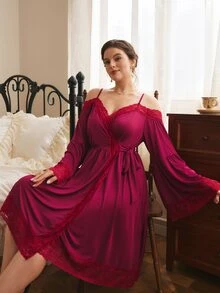 Côtesoire Elegant Sexy Romantic Off-Shoulder Deep V-Neck Lace Patchwork Tie-Up Knit Plus Size Nightgown - Burgundy - View 6
