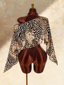 Amplova Women's Sexy Asymmetrical Shoulder Zebra Print Top - Black - View 9