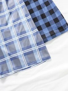 青少年男孩時尚休閒格紋印花短袖短褲牛奶絲面料居家服套裝 4件組 - 藏蓝色 - 查看 3