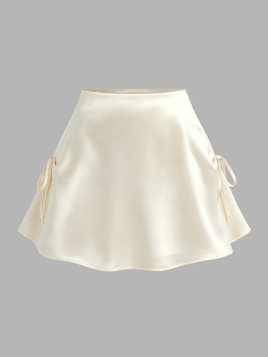 Sweetra Plus Size Early Autumn Satin Tie Bow Decor Mini A-Line Skirt - Apricot - View 1