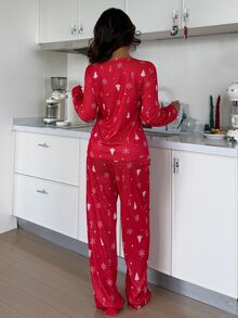 ZzzCrew Red Christmas Print Women's Long Sleeve Long Pants Pajama Set - Red - View 3