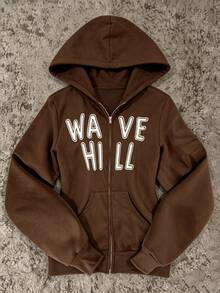 INAWLY Women's Letter Print Zip-Up Long Sleeve Sweatshirt - Rust Brown - View 4