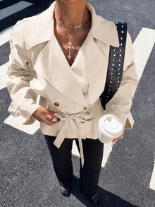 Muchica Apricot Woven Women's Double-Breasted Long Sleeve Regular Jacket - Apricot - View 1