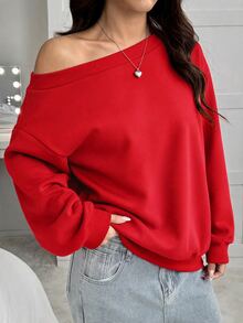 SHEIN EZwear 女款寬鬆不對稱肩領保暖內裡紅色運動衫，秋冬款 - 紅色 - 查看 4