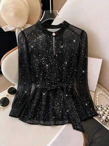SHEIN Clasi 大尺碼精緻亮片鈕扣長袖襯衫 - 黑色 - 查看 4