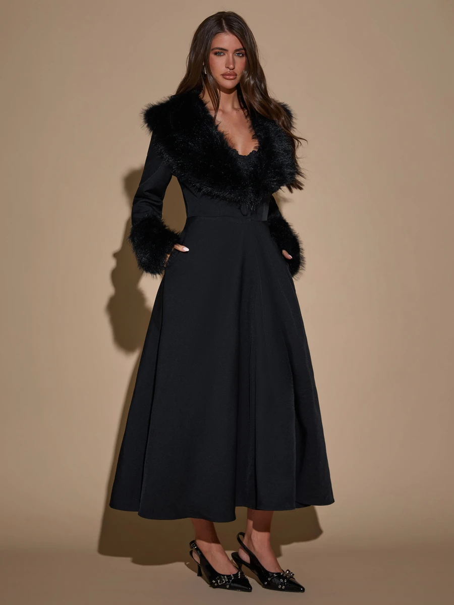 SHEIN BAE Women's Plush Patchwork Fashion Versatile Daily Casual Trench Coat Jacket - Black - View 1