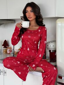 ZzzCrew Red Christmas Print Women's Long Sleeve Long Pants Pajama Set - Red - View 1
