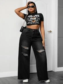 SHEIN EZwear 大尺碼街頭風鈕扣口袋水洗破洞牛仔寬腿褲 - 黑色 - 查看 4