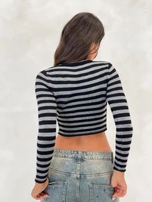 BAD SUNDAY Women's Casual 90s 2000s Side Cut-Out Metal Ring Decor Long Sleeve Black And White Striped Knit Top, Date Night Out Club Party Y2K Gothic Halloween - Grey - View 2