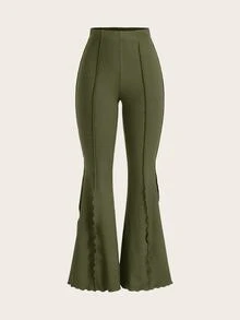 SHEIN Tall CURVE 大尺碼高個女款荷葉邊鬆緊腰喇叭褲 - 軍綠色 - 查看 5