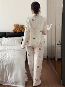 Napfluff Women's Bubble Crinkle Cartoon Pony Print Pajama Set, Spring/Autumn, Lapel Cardigan, Long Sleeve, Long Pants, Loose Fit, Cute Homewear, 2 Pieces Set - Beige - View 2