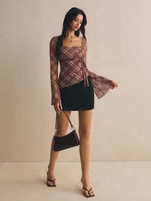 Poéselle Women's Plaid Square Neck Raglan Flare Sleeve Fashion Top - Brown - View 4