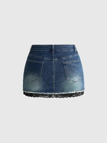 ROMWE Plus Size Versatile Lace Patchwork Slimming Sexy High Elastic Mini Denim Skirt - Dusty Blue - View 2