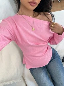 Siren Gaze Women's Solid Color Asymmetrical Shoulder Long Sleeve Ruched Casual Top - Pink - View 6