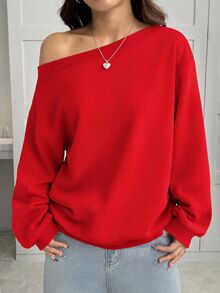 SHEIN EZwear 女款寬鬆不對稱肩領保暖內裡紅色運動衫，秋冬款 - 紅色 - 查看 6