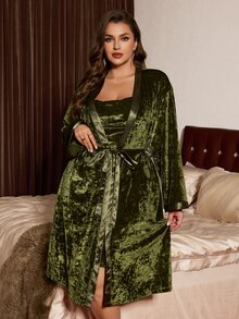 Slumberist Plus Size Gold Velvet Pajama Set, Women's Olive Green Camisole Nightgown And Robe Loungewear 2 Pieces Set - Army Green - View 7