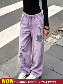 SHEIN Sparklyn 青少年女孩彈性腰拼接休閒百搭日常長褲 - 紫色 - 查看 1