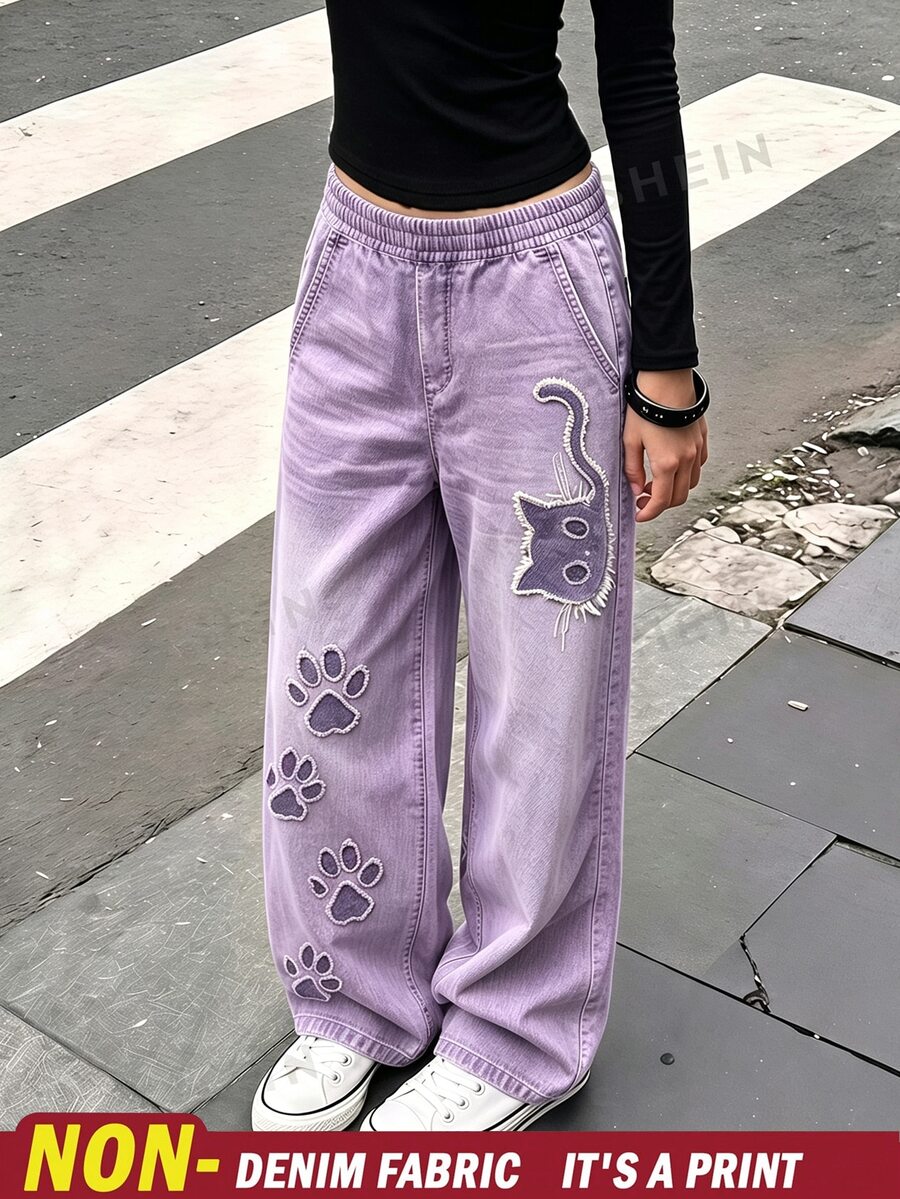 SHEIN Sparklyn 青少年女孩彈性腰拼接休閒百搭日常長褲 - 紫色 - 查看 1