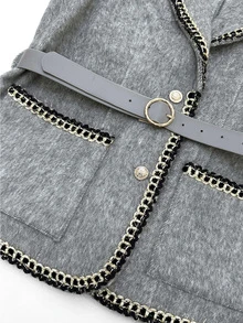SHEIN Franclia Women's Elegant Gold Trim Woven Tape Edged Vest Jacket, Suitable For Daily Layering And Dining - Grey - View 10