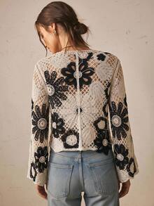 Freevana Women's Floral Pattern Casual Everyday Long Sleeve Sweater - Black and White - View 2