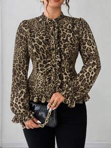 Elenzga Plus Size Stand Collar Slim Fit Elegant Leopard Print Asymmetrical Hem Frill Trim Patchwork Collar Ruffle Wood Frill Trim Elegant Commuter Long Sleeve Blouse - Brown - View 6