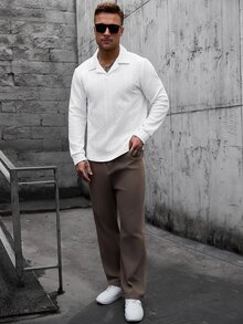 Manfinity CasualCool Kemeja Polo Pria Rajut Jacquard Warna Solid dengan Kerah & Manset Bertekstur, Kerah & Hem Bergaris, Kain Pique Hitam, 3 Kancing - Putih - View 7