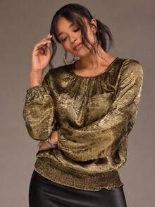 Freevana Gold Metallic Smocked Hem Blouse With Balloon Sleeves And Gathered Crew Neck, Shimmery Party Top - Gold - View 3