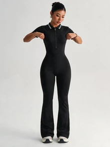 Dewbera Dewbera Women's Patchwork Striped Zipper Half-Placket Short Sleeve Sport Flare Leg Jumpsuit - Black - View 4