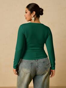 Freevana Plus Size Women's Black Long Sleeve Crew Neck Thermal Base Layer, Ruched Waist T-Shirt - Green - View 2