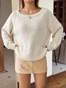 SHEIN EZwear 女款純色圓領插肩袖長袖休閒毛衣 - 杏色 - 查看 7